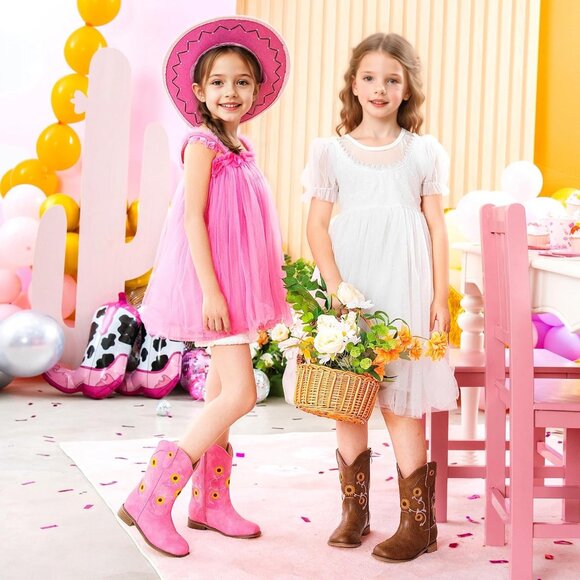 ⚡Girls Brown Floral Embroidered Cowgirl Boots Western Square Toe Mid Calf - Picture 2 of 8